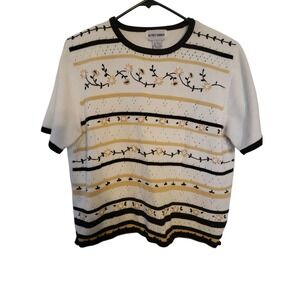 Alfred Dunner Knit Top Floral Embroidered Striped Short Sleeve Sweater Large‎